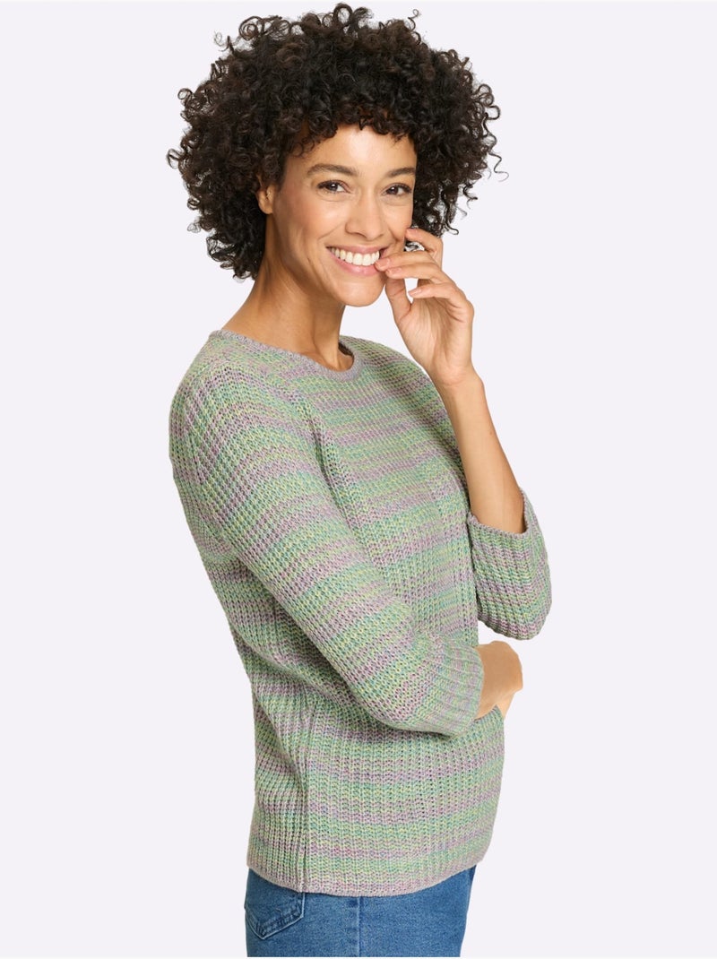 Pull à Manches 3/4 Aspect Grosses Mailles - Taille Standard - Moda Vilona Bleu Ecru - Kiabi
