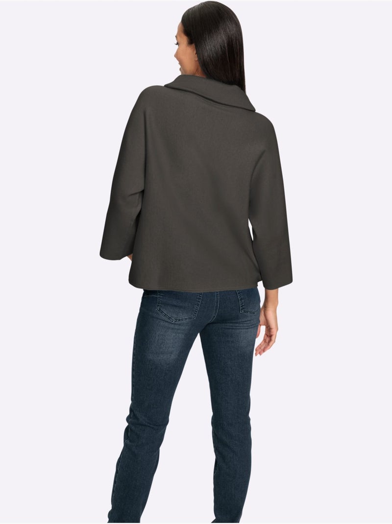 Pull à manches 3/4 avec col à revers en maille doux et chaud - Taille standard - Helline Gris - Kiabi