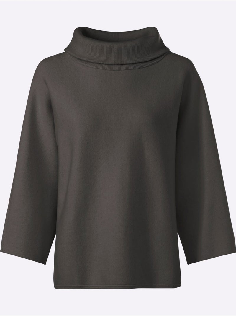 Pull à manches 3/4 avec col à revers en maille doux et chaud - Taille standard - Helline Gris - Kiabi
