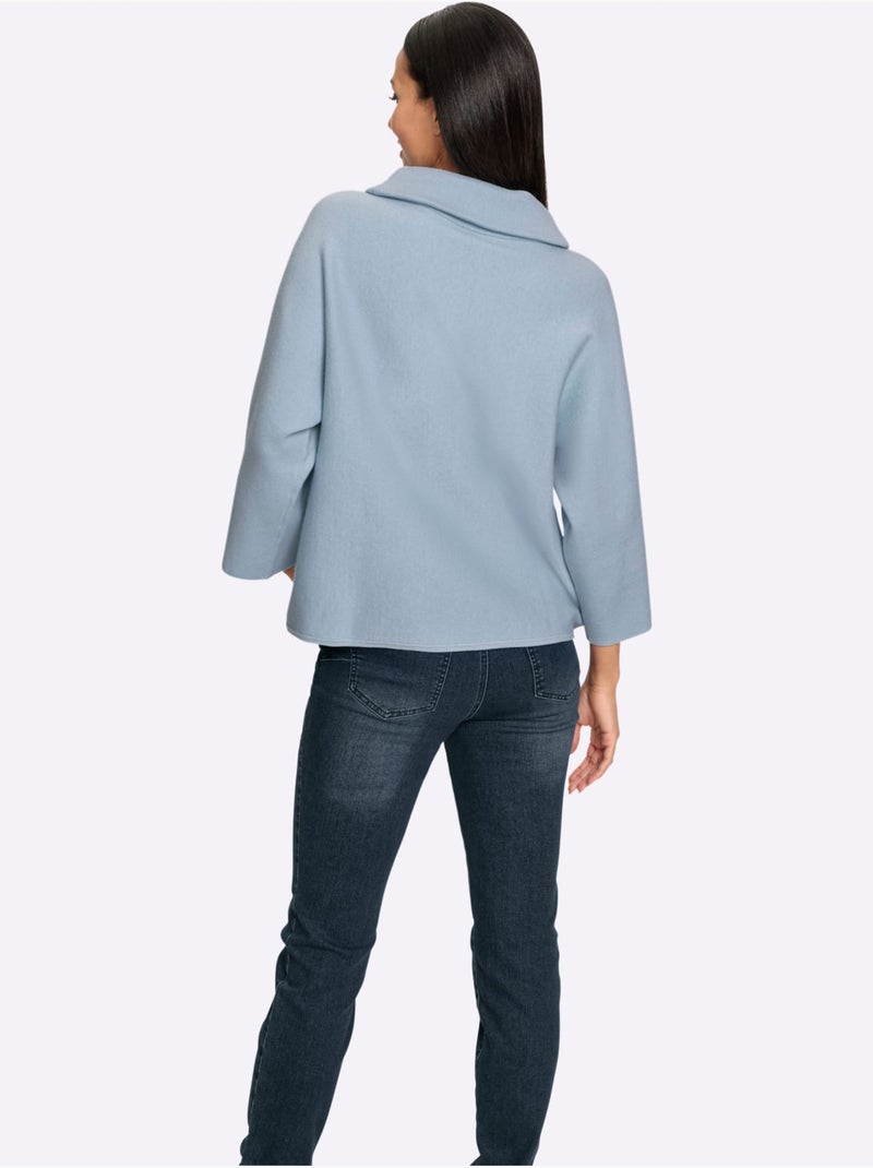 Pull à manches 3/4 avec col à revers et maille douce - Taille standard - Helline Bleu clair - Kiabi