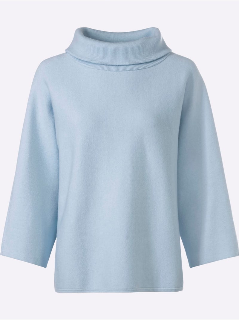 Pull à manches 3/4 avec col à revers et maille douce - Taille standard - Helline Bleu clair - Kiabi