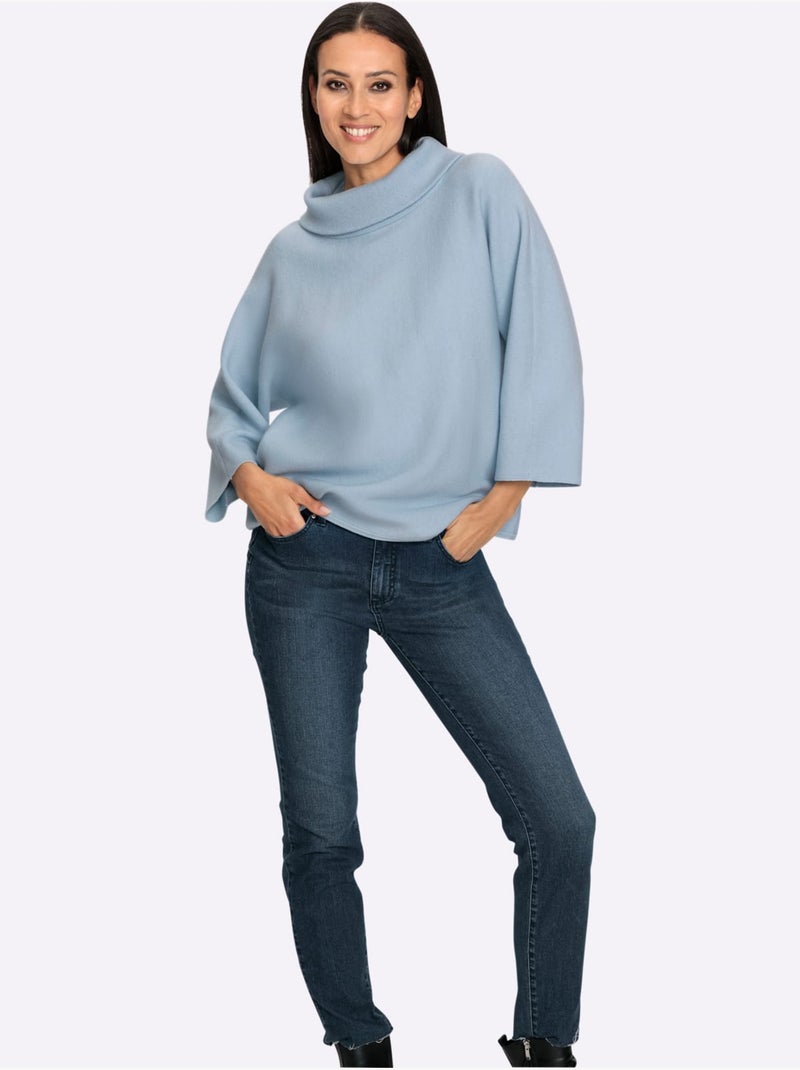Pull à manches 3/4 avec col à revers et maille douce - Taille standard - Helline Bleu clair - Kiabi