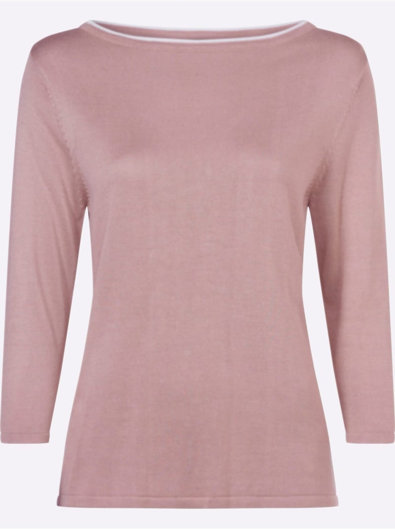 Pull à manches 3/4 avec encolure en U et finition contrastée - Taille standard - Moda Vilona Blanc Violet - Kiabi
