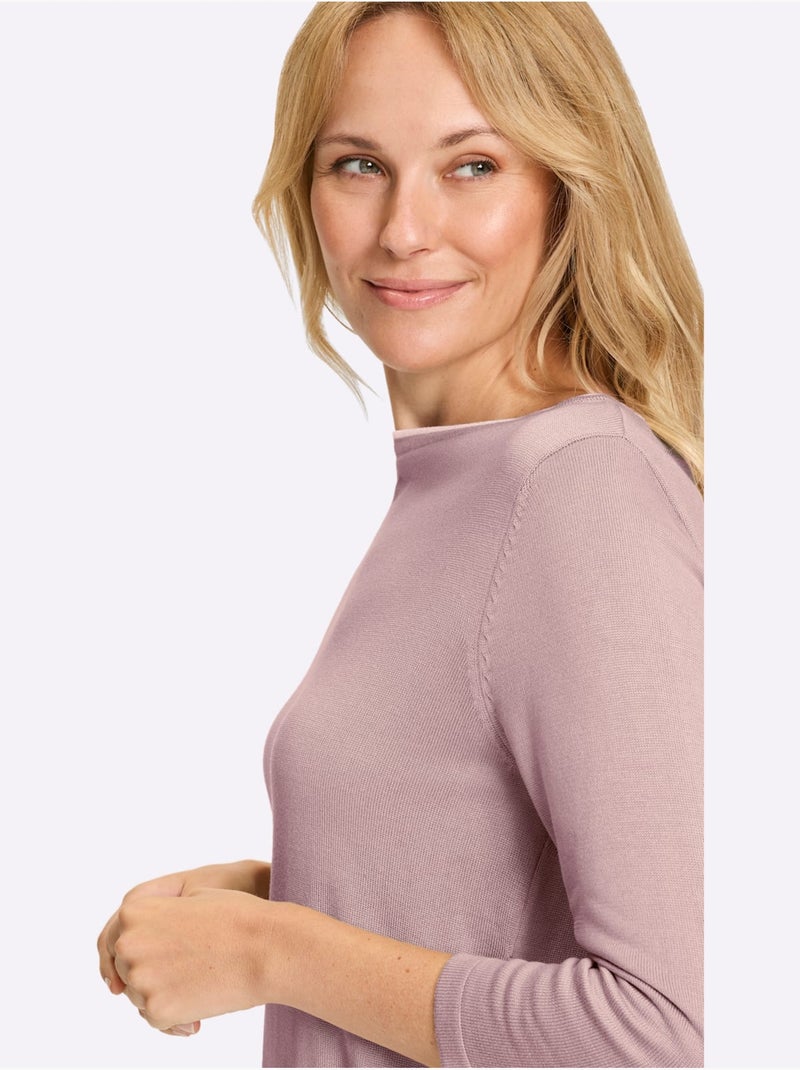 Pull à manches 3/4 avec encolure en U et finition contrastée - Taille standard - Moda Vilona Blanc Violet - Kiabi