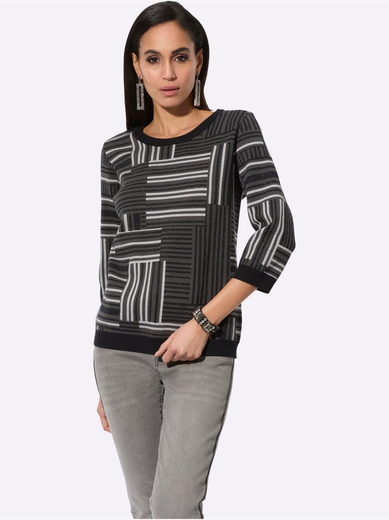 Pull à Manches 3/4 Avec Viscose (ecovero) - Taille Standard - helline Gris Noir - Kiabi