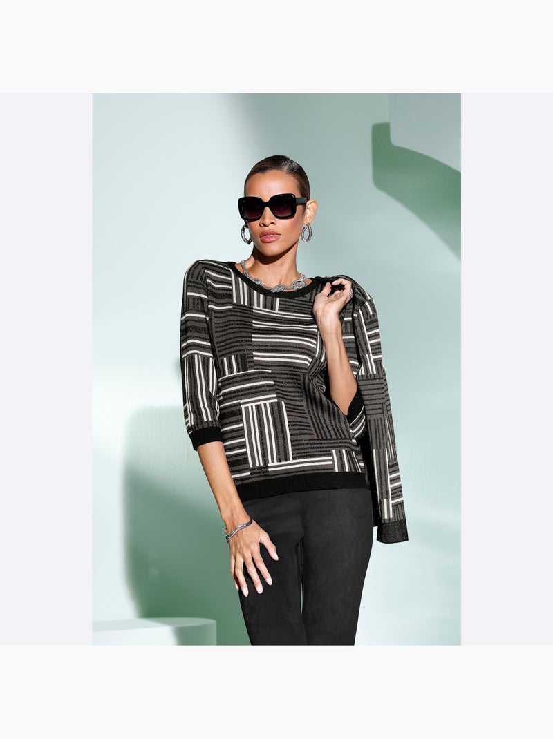 Pull à Manches 3/4 Avec Viscose (ecovero) - Taille Standard - helline Gris Noir - Kiabi