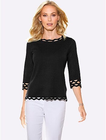 Pull à Manches 3/4 Bordure Perforée Filigrane - Taille Standard - Moda Vilona