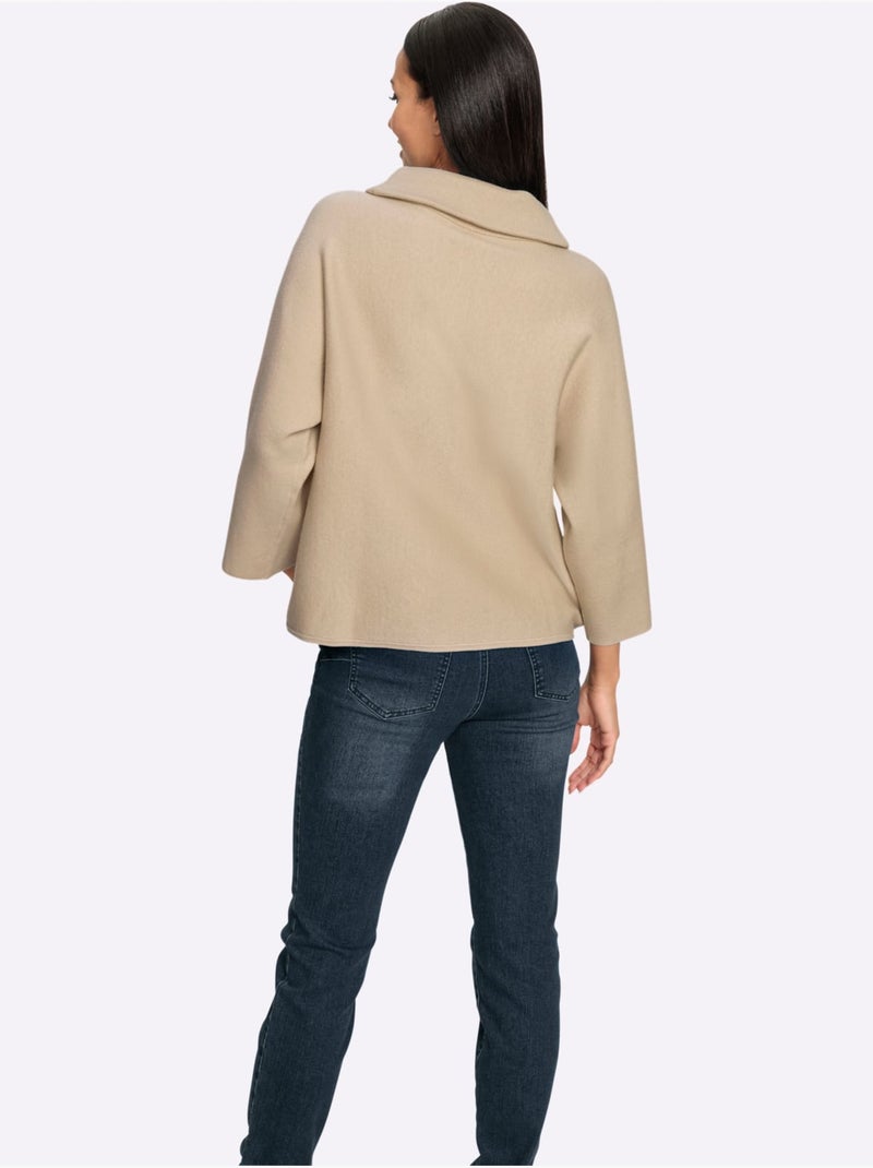 Pull à manches 3/4 en maille douce avec col à revers - Taille standard - Helline Beige - Kiabi