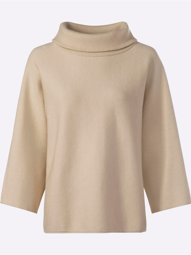 Pull à manches 3/4 en maille douce avec col à revers - Taille standard - Helline Beige - Kiabi