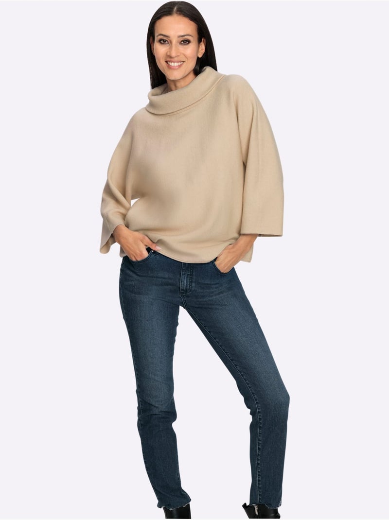 Pull à manches 3/4 en maille douce avec col à revers - Taille standard - Helline Beige - Kiabi