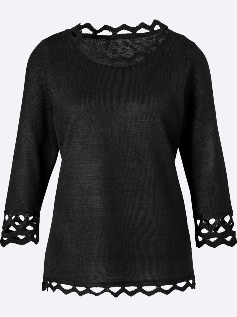 Pull à manches 3/4 en tricot avec bordure filigrane - Taille standard - Moda Vilona Noir - Kiabi