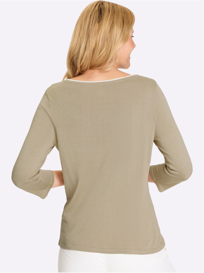 Pull à manches 3/4 en viscose à encolure U avec finition contrastée - Taille standard - Moda Vilona Beige/Blanc - Kiabi