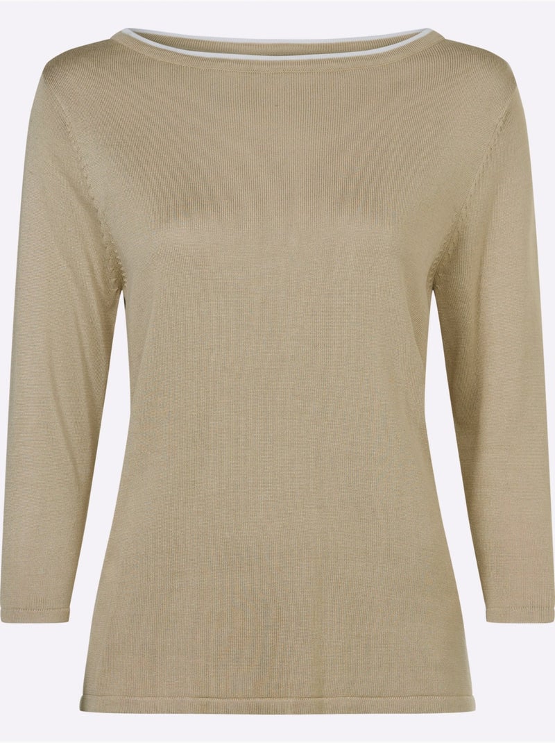 Pull à manches 3/4 en viscose à encolure U avec finition contrastée - Taille standard - Moda Vilona Beige/Blanc - Kiabi