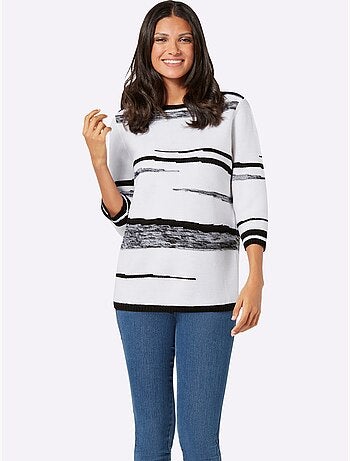 Pull à Manches 3/4 Encolure En U Contrastée - Taille Standard - Moda Vilona