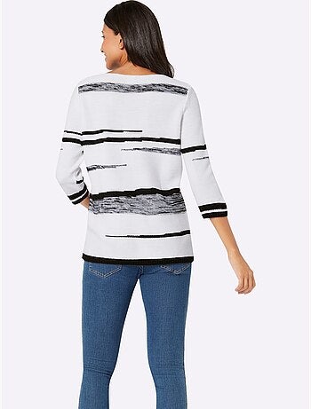 Pull à Manches 3/4 Encolure En U Contrastée - Taille Standard - Moda Vilona