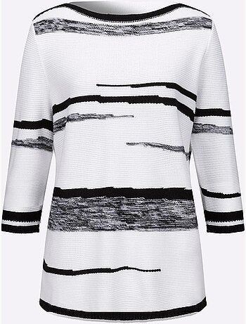 Pull à Manches 3/4 Encolure En U Contrastée - Taille Standard - Moda Vilona
