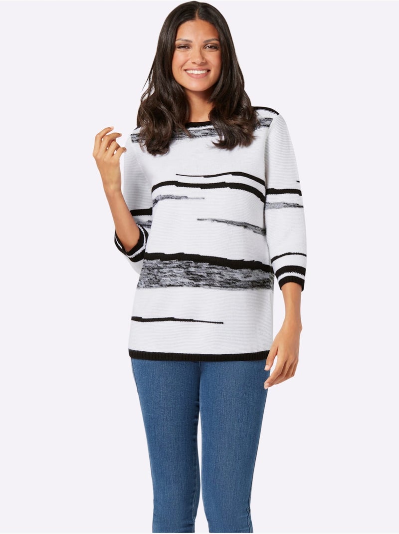 Pull à Manches 3/4 Encolure En U Contrastée - Taille Standard - Moda Vilona Blanc Noir - Kiabi