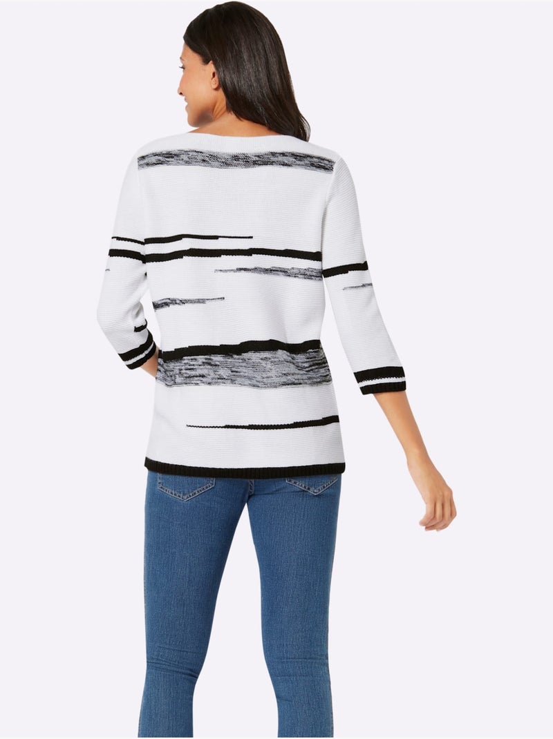 Pull à Manches 3/4 Encolure En U Contrastée - Taille Standard - Moda Vilona Blanc Noir - Kiabi
