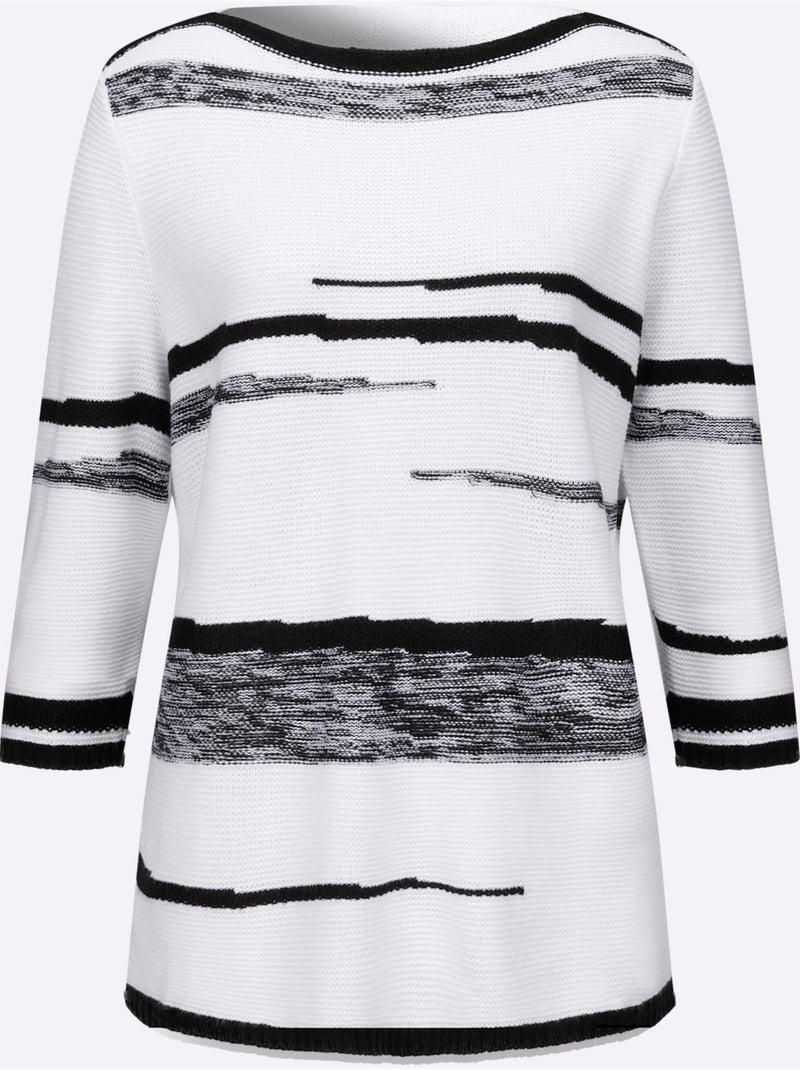 Pull à Manches 3/4 Encolure En U Contrastée - Taille Standard - Moda Vilona Blanc Noir - Kiabi