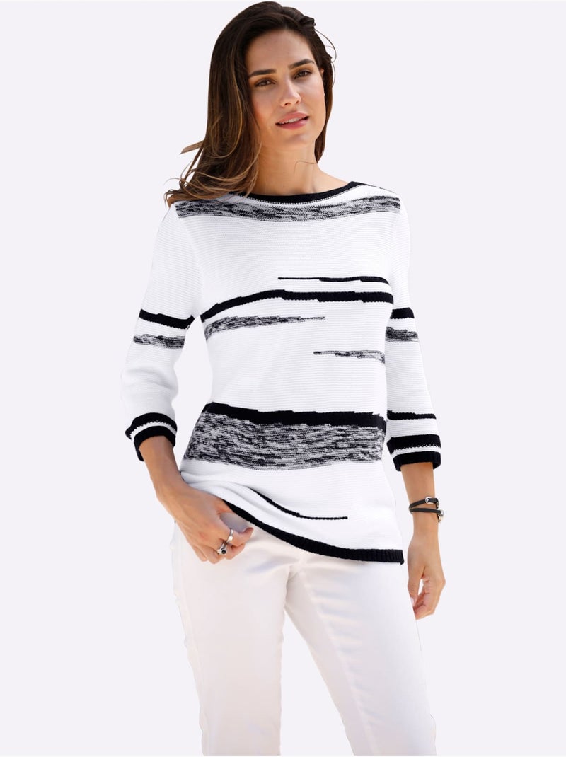 Pull à Manches 3/4 Encolure En U Contrastée - Taille Standard - Moda Vilona Blanc Noir - Kiabi