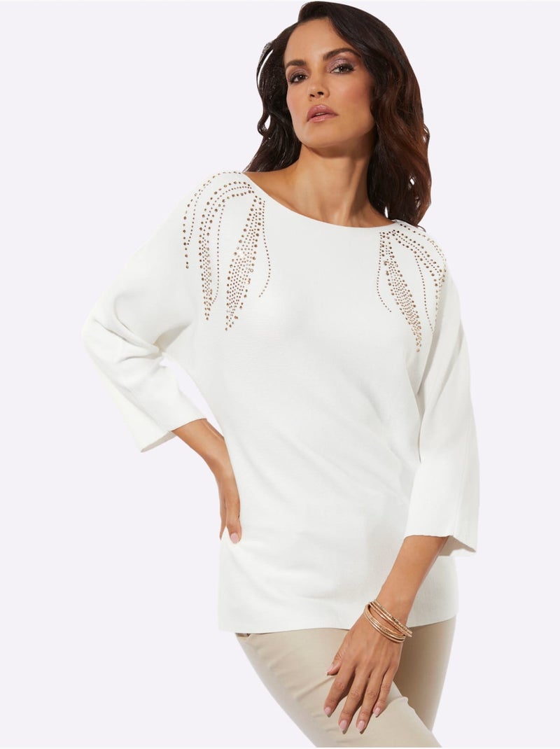 Pull à Manches 3/4 Encolure En U Féminine - Taille Standard - Helline Ecru - Kiabi