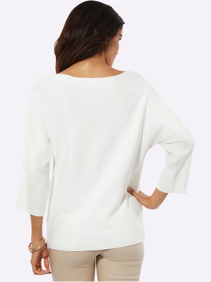 Pull à Manches 3/4 Encolure En U Féminine - Taille Standard - Helline Ecru - Kiabi
