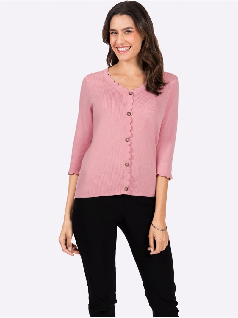 Pull à Manches 3/4 Fausse Patte De Boutonnage - Taille Standard - Witt Rose - Kiabi