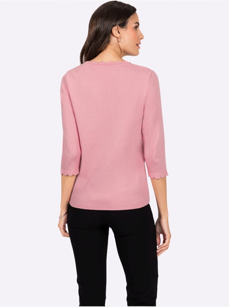 Pull à Manches 3/4 Fausse Patte De Boutonnage - Taille Standard - Witt Rose - Kiabi