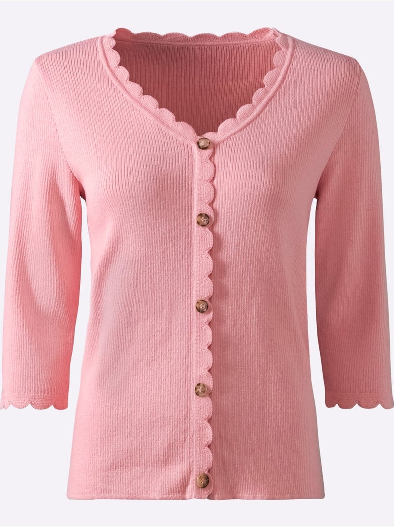 Pull à Manches 3/4 Fausse Patte De Boutonnage - Taille Standard - Witt Rose - Kiabi