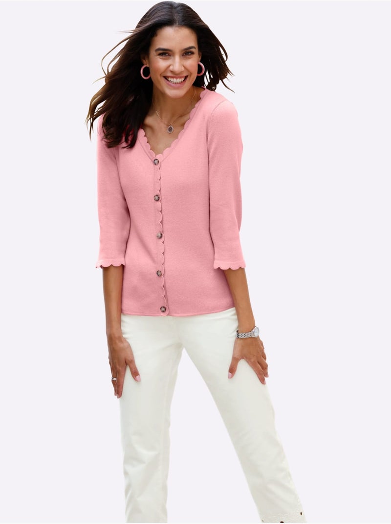 Pull à Manches 3/4 Fausse Patte De Boutonnage - Taille Standard - Witt Rose - Kiabi