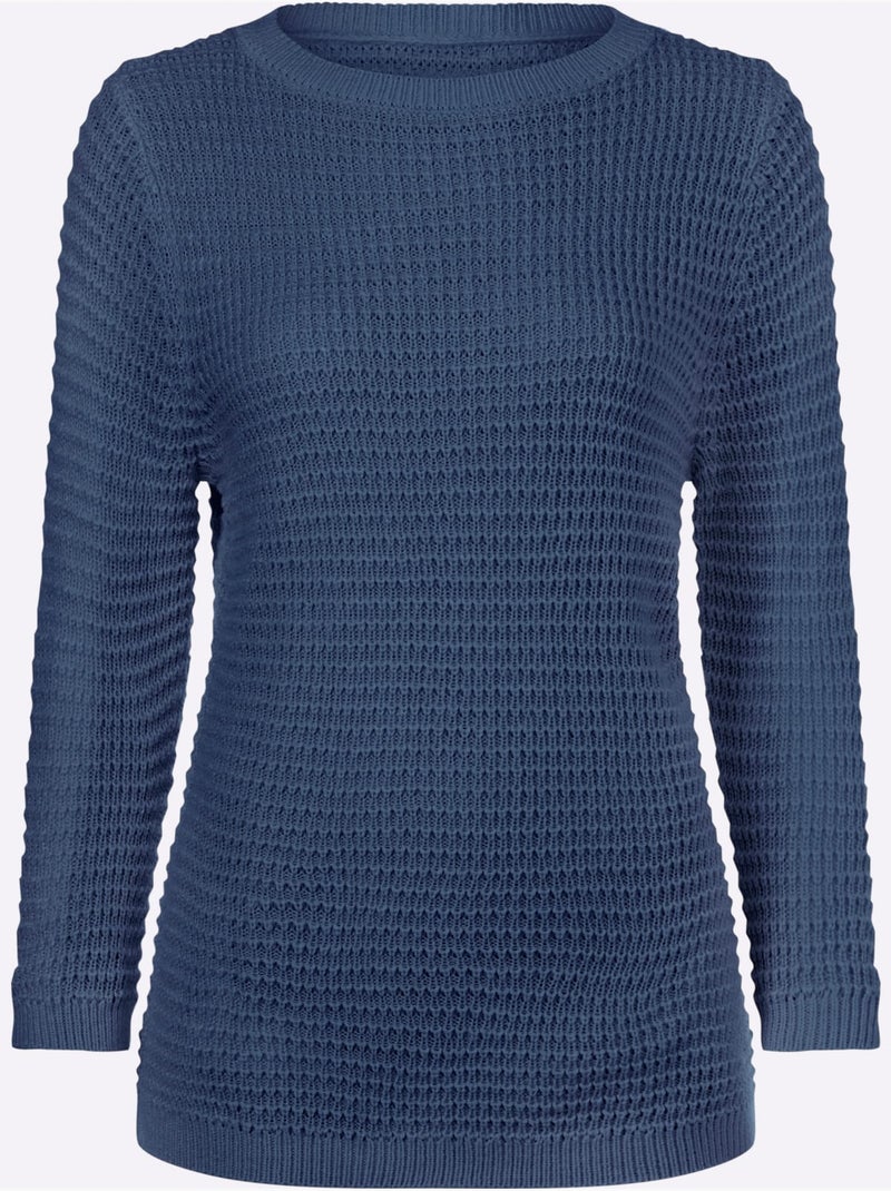 Pull à Manches 3/4 Finitions Côtelées - Taille Standard - Moda Vilona Bleu jean - Kiabi