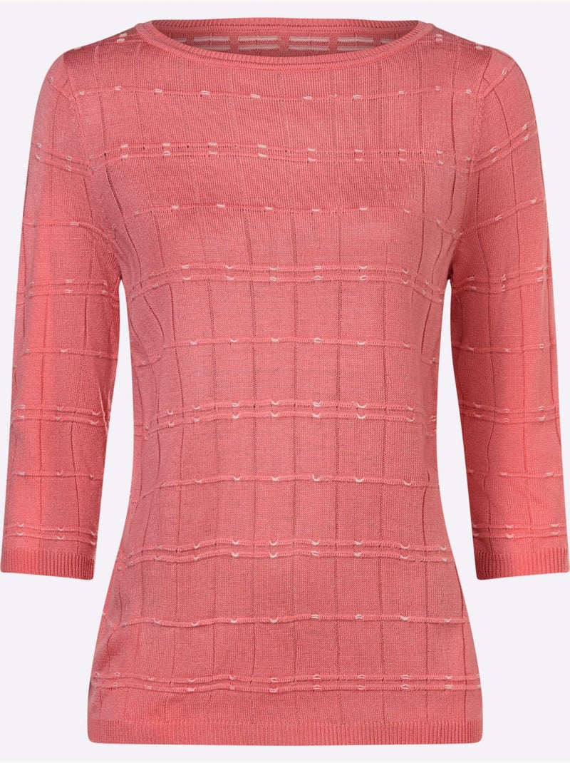 Pull à Manches 3/4 Finitions Côtelées - Taille Standard - Moda Vilona Écru/Rose - Kiabi
