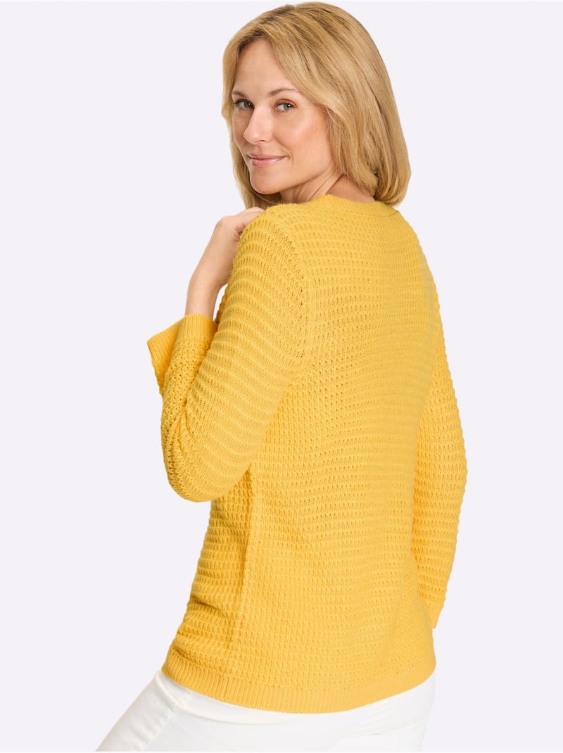 Pull à Manches 3/4 Finitions Côtelées - Taille Standard - Moda Vilona Jaune - Kiabi