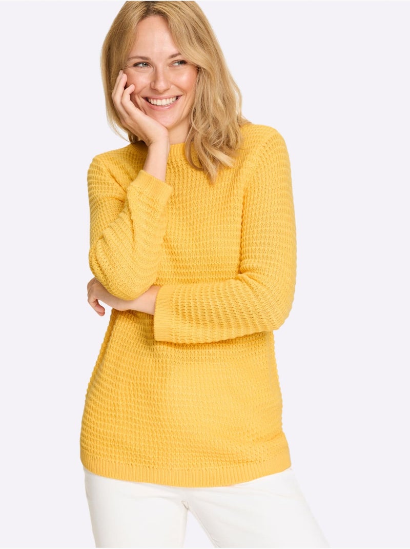 Pull à Manches 3/4 Finitions Côtelées - Taille Standard - Moda Vilona Jaune - Kiabi