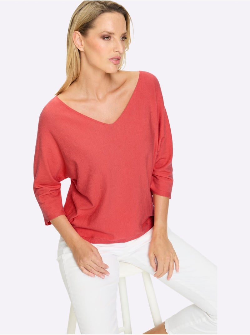 Pull à manches 3/4 manches chauve-souris 3/4 - taille standard - helline Corail - Kiabi