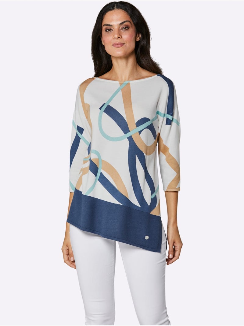 Pull à Manches 3/4 Mélange De Modal Doux - Taille Standard - Helline Bleu Ecru - Kiabi