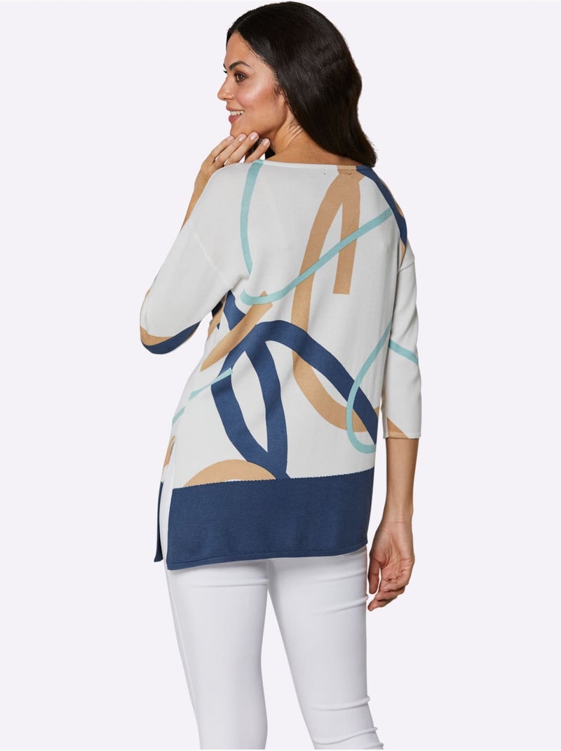 Pull à Manches 3/4 Mélange De Modal Doux - Taille Standard - Helline Bleu Ecru - Kiabi
