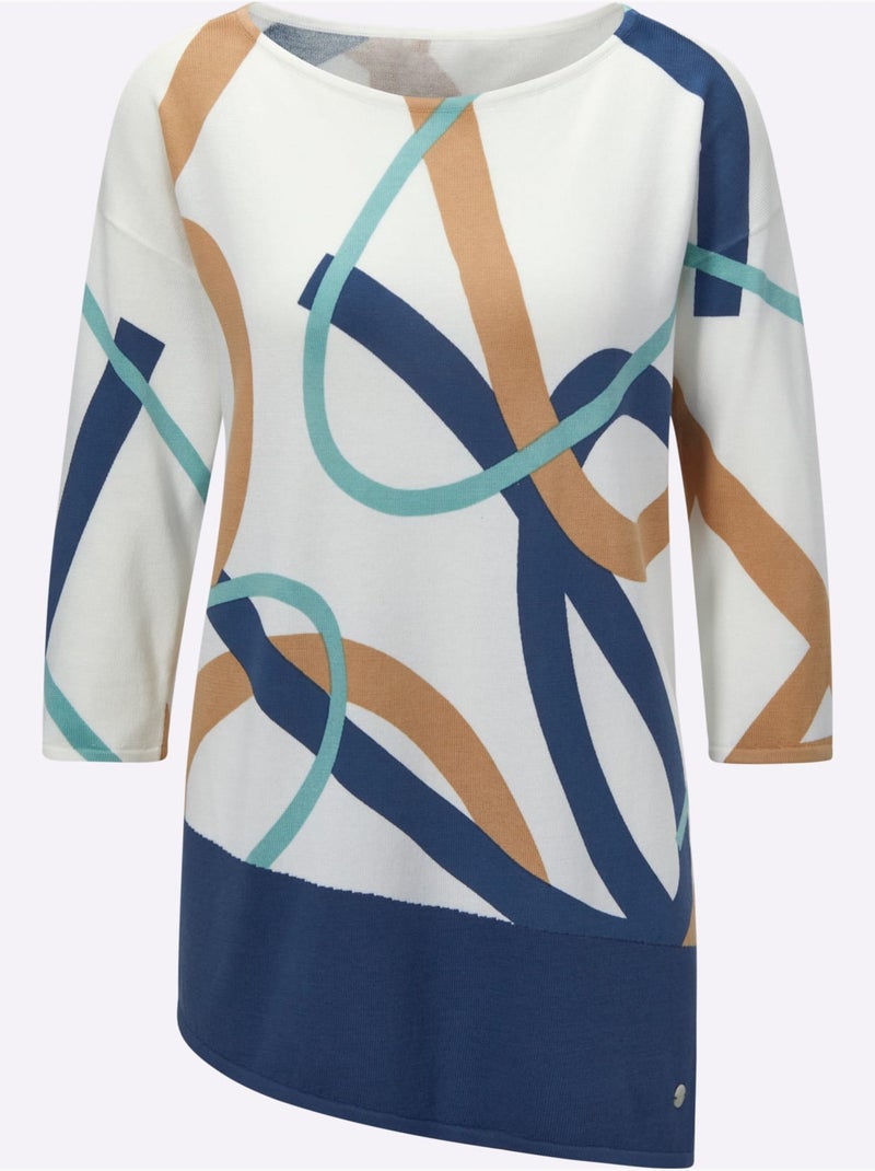 Pull à Manches 3/4 Mélange De Modal Doux - Taille Standard - Helline Bleu Ecru - Kiabi
