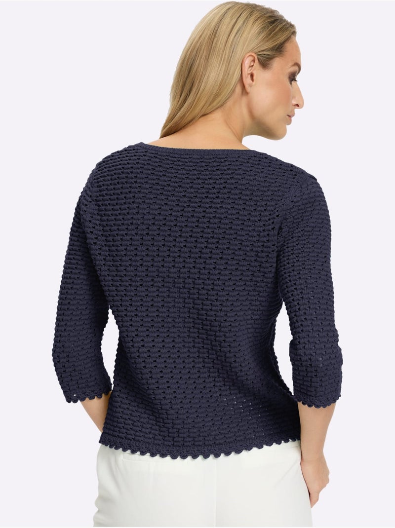Pull à Manches 3/4 Motif Ajouré Transparent Discret - Taille Standard - Helline Bleu marine - Kiabi