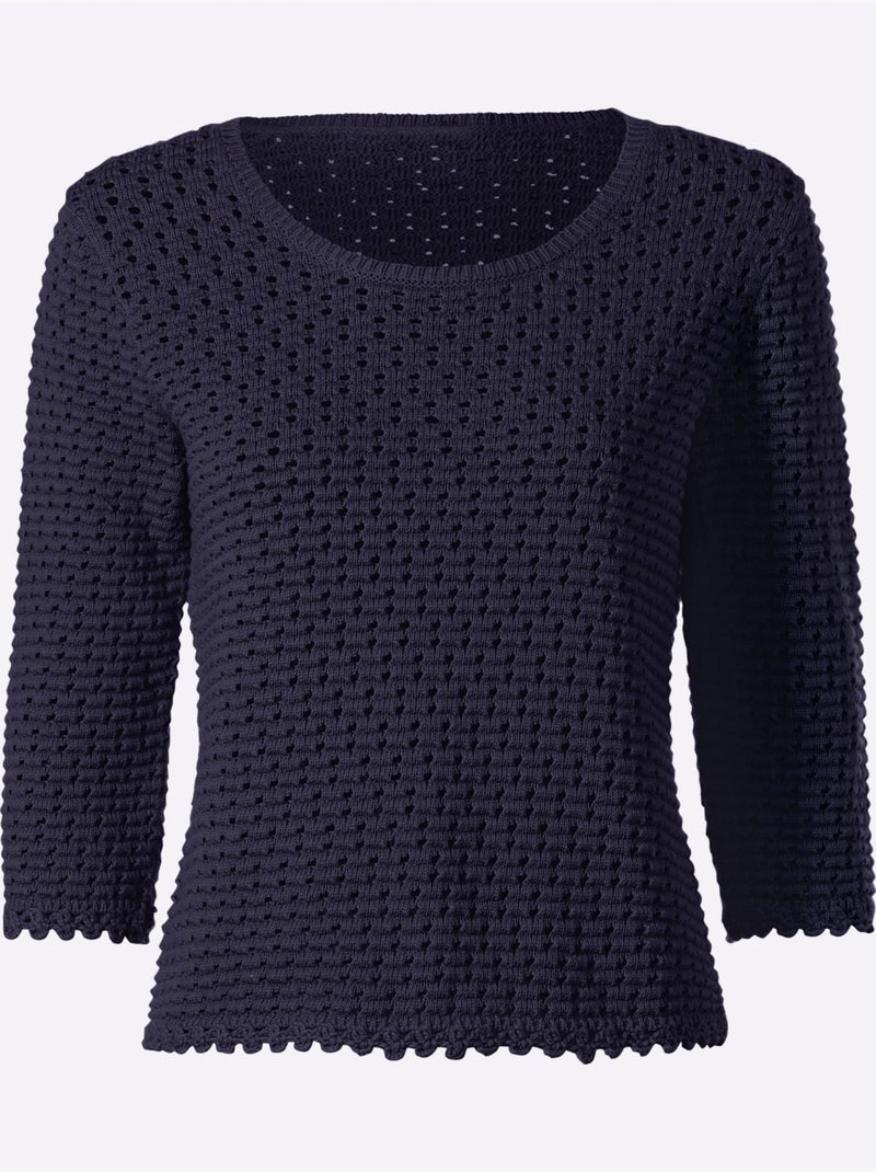 Pull à Manches 3/4 Motif Ajouré Transparent Discret - Taille Standard - Helline Bleu marine - Kiabi