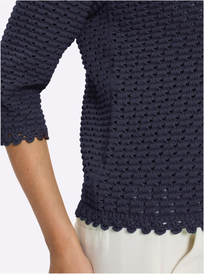 Pull à Manches 3/4 Motif Ajouré Transparent Discret - Taille Standard - Helline Bleu marine - Kiabi