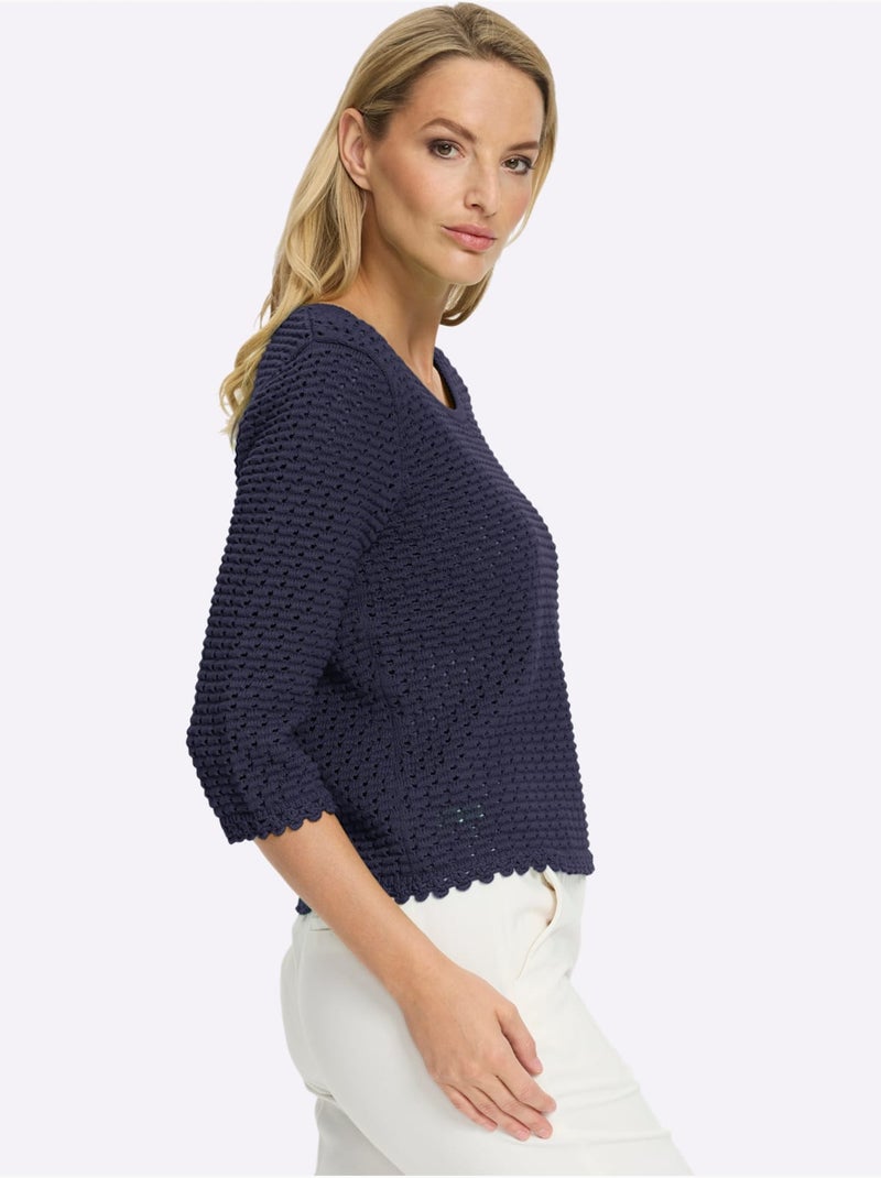 Pull à Manches 3/4 Motif Ajouré Transparent Discret - Taille Standard - Helline Bleu marine - Kiabi
