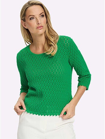 Pull à Manches 3/4 Motif Ajouré Transparent Discret - Taille Standard - Helline