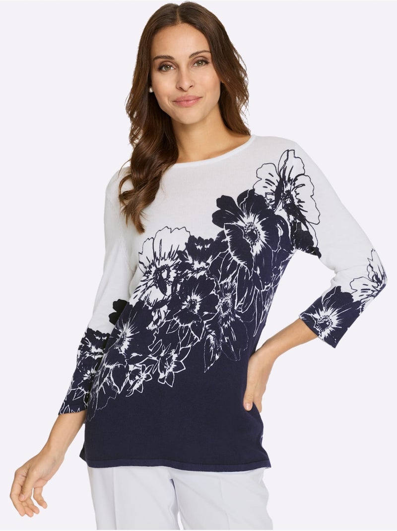 Pull à Manches 3/4 Motif Imprimé - Taille Standard - Witt Blanc Bleu marine - Kiabi