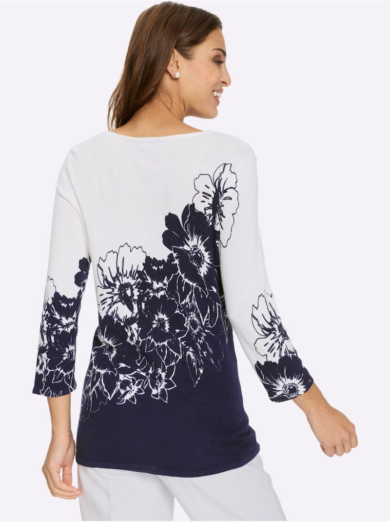 Pull à Manches 3/4 Motif Imprimé - Taille Standard - Witt Blanc Bleu marine - Kiabi