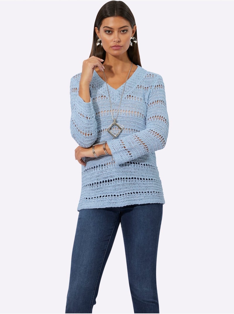 Pull à Manches 3/4 Pull Tendance En Mélange De Cotons Doux - Taille Standard - Helline Bleu Ecru - Kiabi