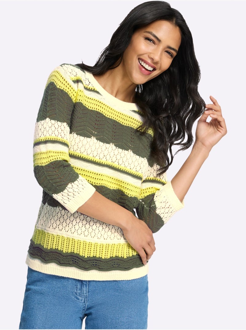 Pull à Manches 3/4 Tricot Ajouré - Taille Standard - Moda Vilona Kaki - Kiabi