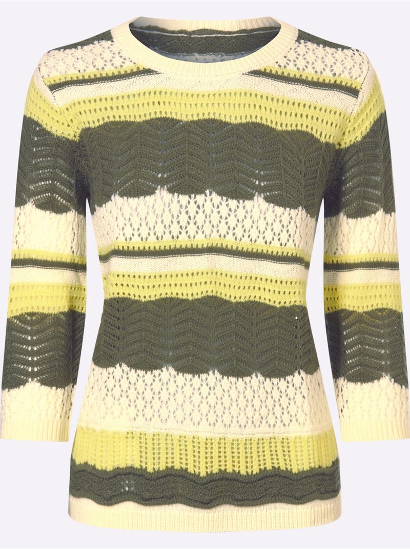 Pull à Manches 3/4 Tricot Ajouré - Taille Standard - Moda Vilona Kaki - Kiabi