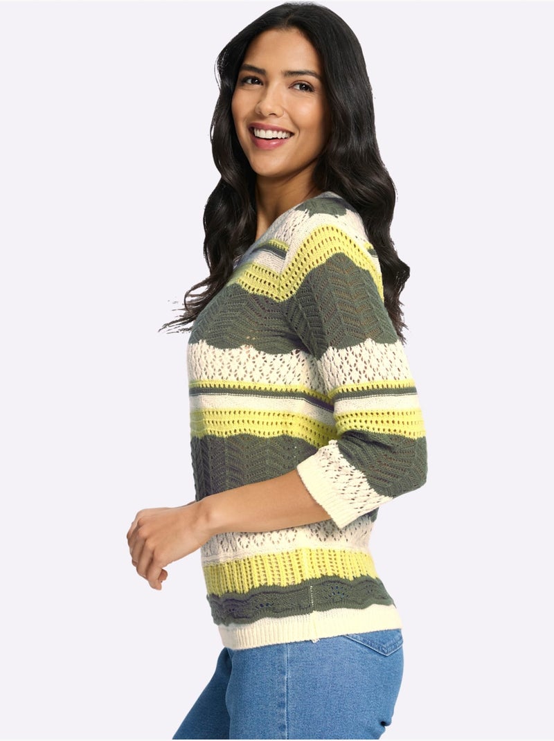 Pull à Manches 3/4 Tricot Ajouré - Taille Standard - Moda Vilona Kaki - Kiabi