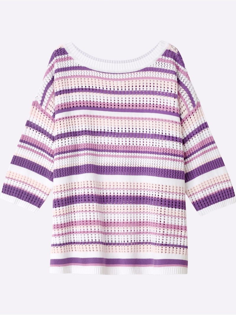 Pull à Manches 3/4 Tricot Ajouré - Taille Standard - Sheego Blanc Rose - Kiabi